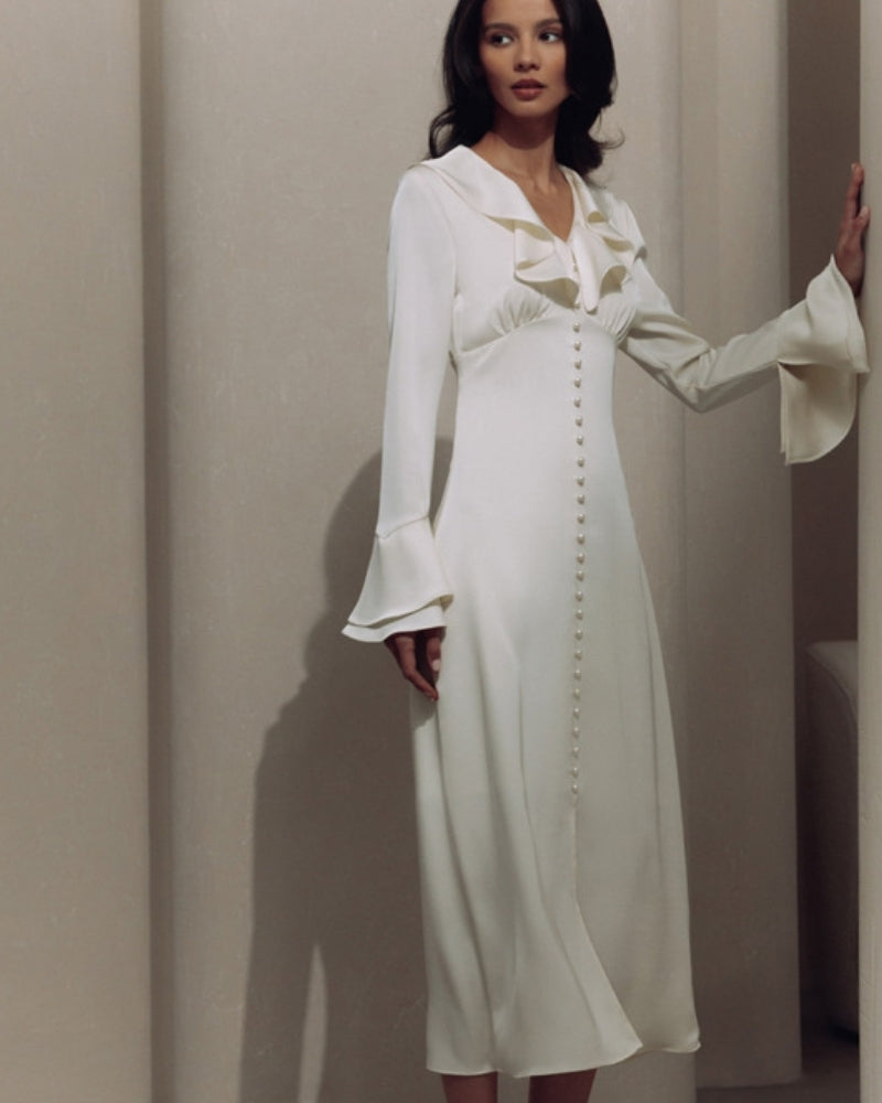 Pearl Button Ruffle Midi Dress - Choose By Portugal