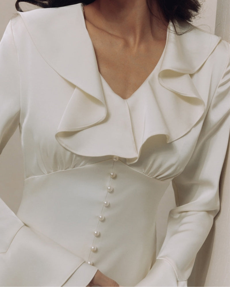 Pearl Button Ruffle Midi Dress - Choose By Portugal