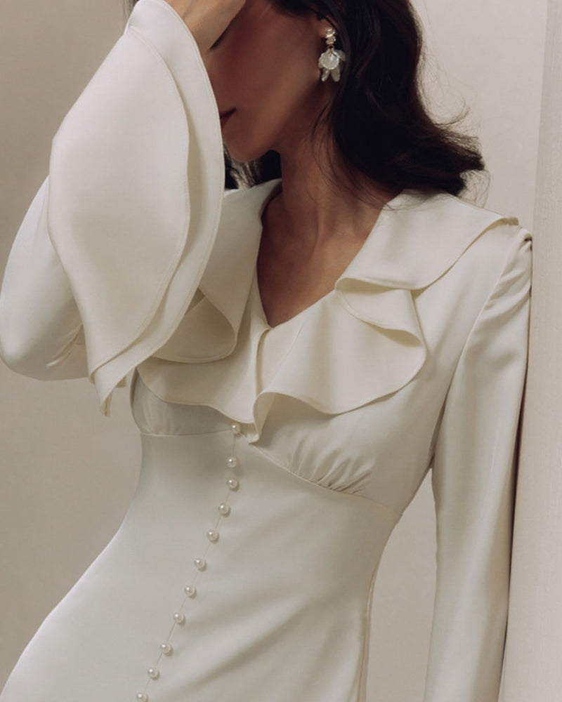 Pearl Button Ruffle Midi Dress - Choose By Portugal